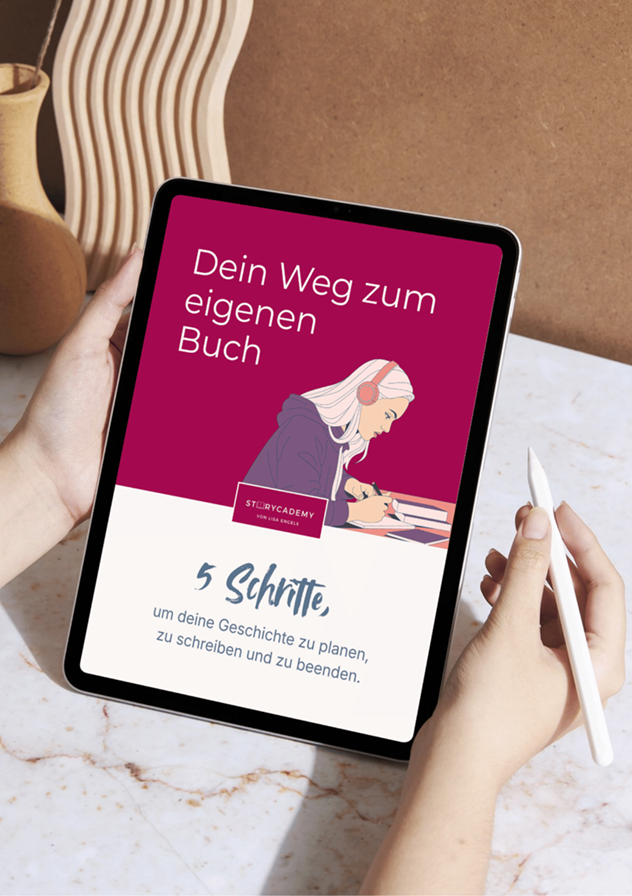 Zwei Hände halten ein Tablet. Darauf ist das kostenlose E-Book mit dem Startguide "Dein Weg zum eigenen Buch" zu sehen.